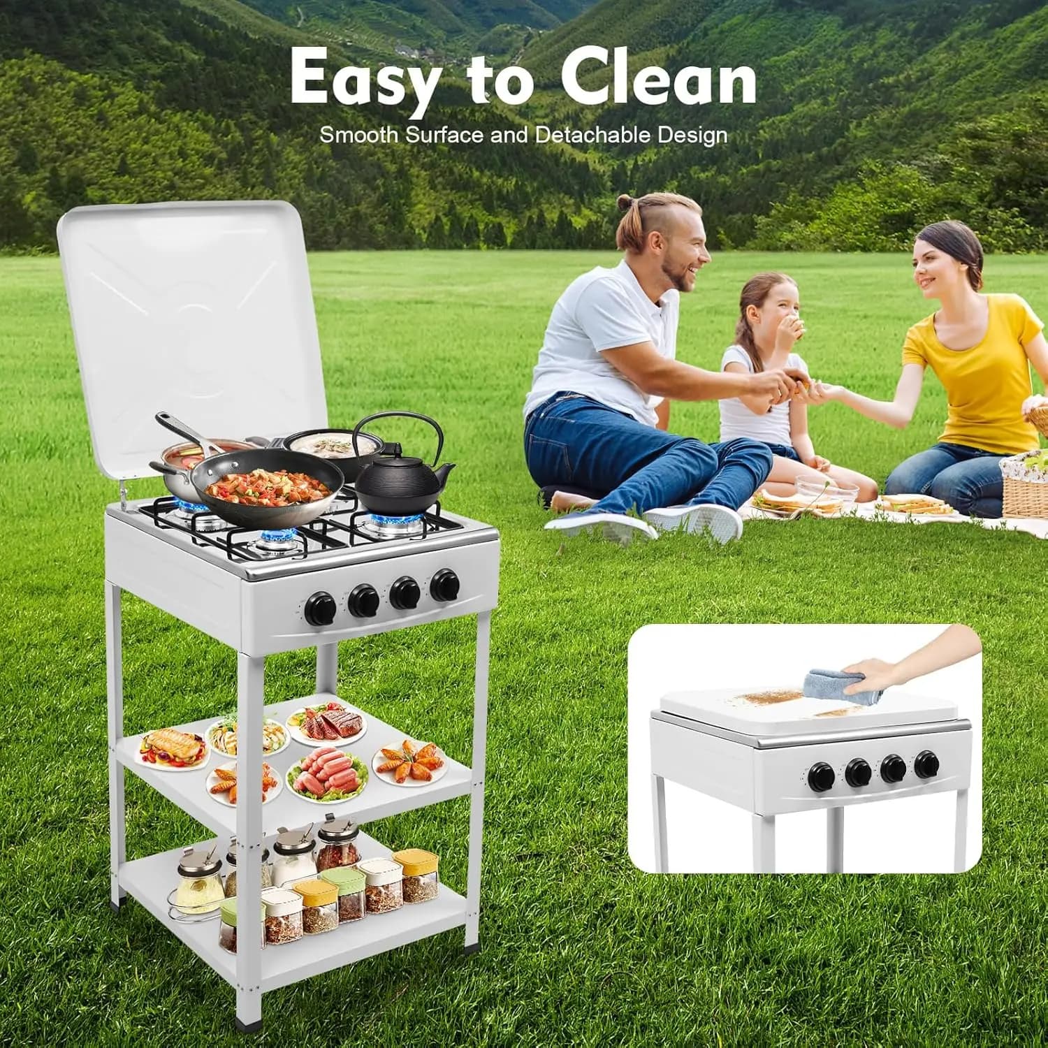 Fornello a Gas Propano Bianco a 4 Fuochi, Griglia Portatile da Campeggio con Supporto a 2 Livelli e Protezione dal Vento per Cucina all'Aperto e Domestica