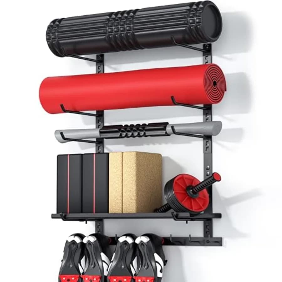 Wall-mounted shelf for home gym, adjustable yoga mat holder with 1 Peloton shoe shelf and mats, for home training