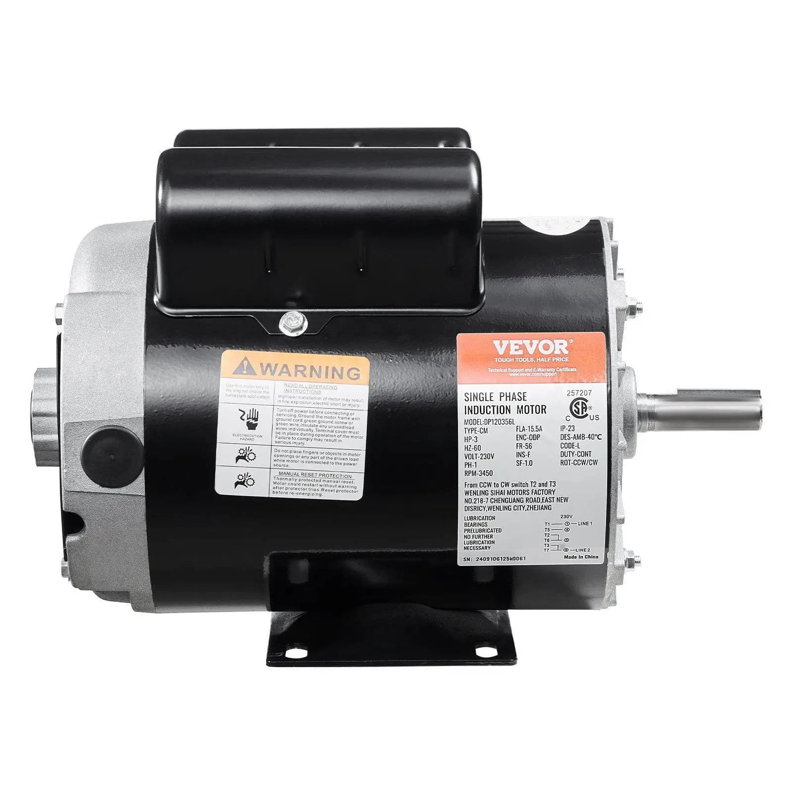 Motore elettrico industriale a 56 telai 3HP 230V 3450RPM 15,5A Rotazione reversibile Design con telaio in acciaio antigoccia aperto