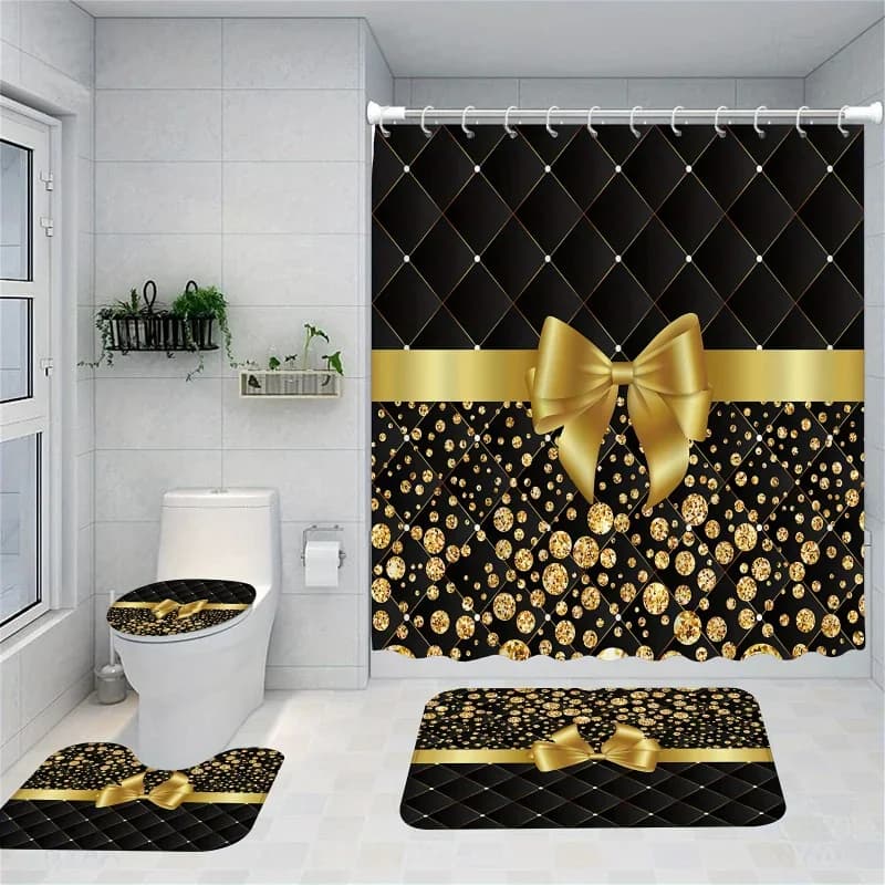 4pcs Luxury Bow Shower Curtain Set, Black Golden Glitter Bathroom Sets With Shower Curtain And Rugs, Waterproof Polyester Fabr