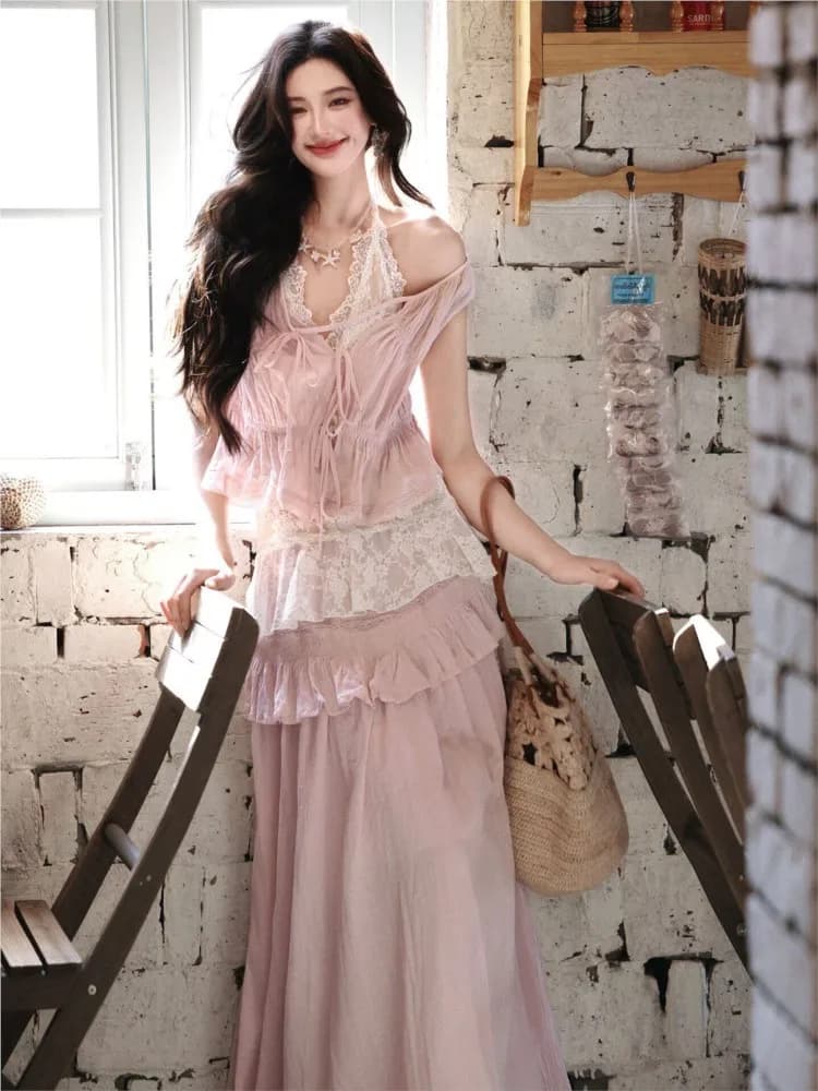 Sleeveless lace-up vest elastic waist ruffled skirt all-cotton pink elegant set