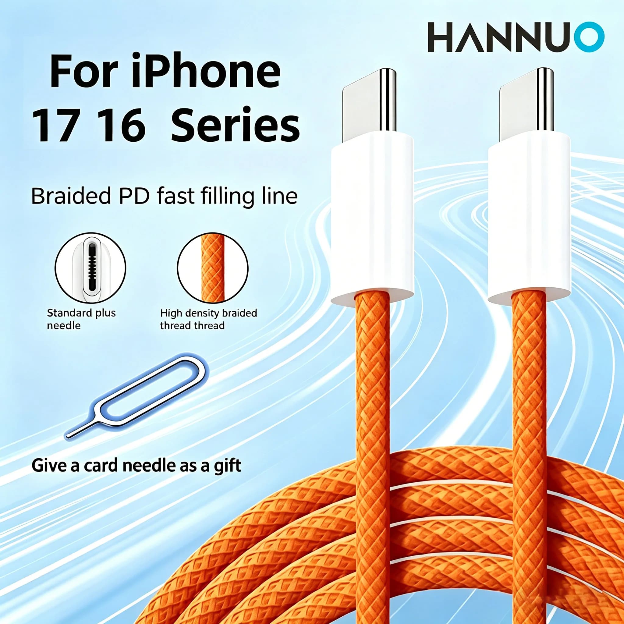 Cavo dati HANNUO 60W da USB-C a USB-C con ago per schede, ricarica rapida, cavo di tipo C per MacBook, iPhone, Samsung