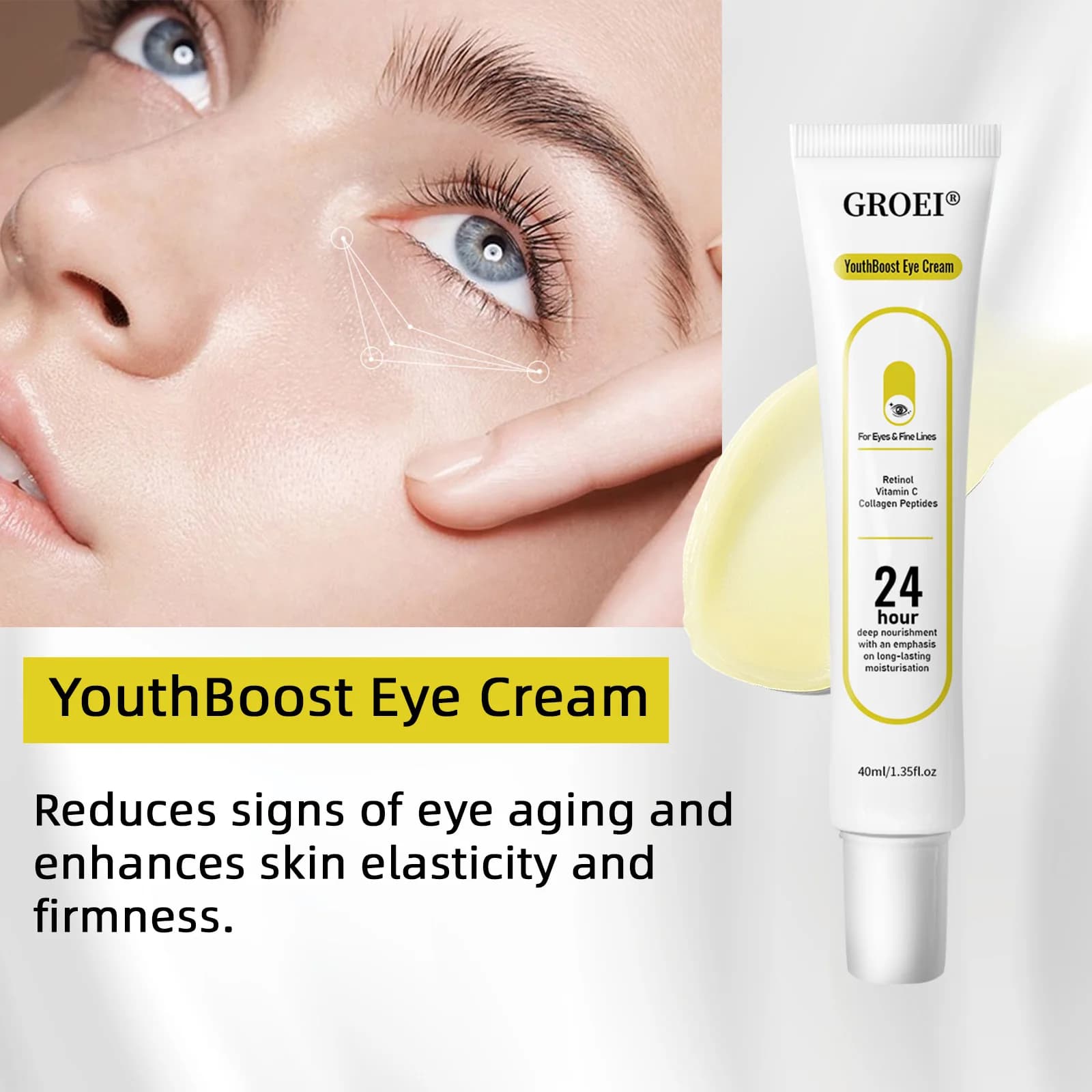 40ML Crema per gli occhi Acido ialuronico Retinolo Dispositivo di rimozione delle borse per gli occhi Schiarente Occhi Anti-occhiaie Borse per gli occhi Anti-rughe Rassodante Linea sottile