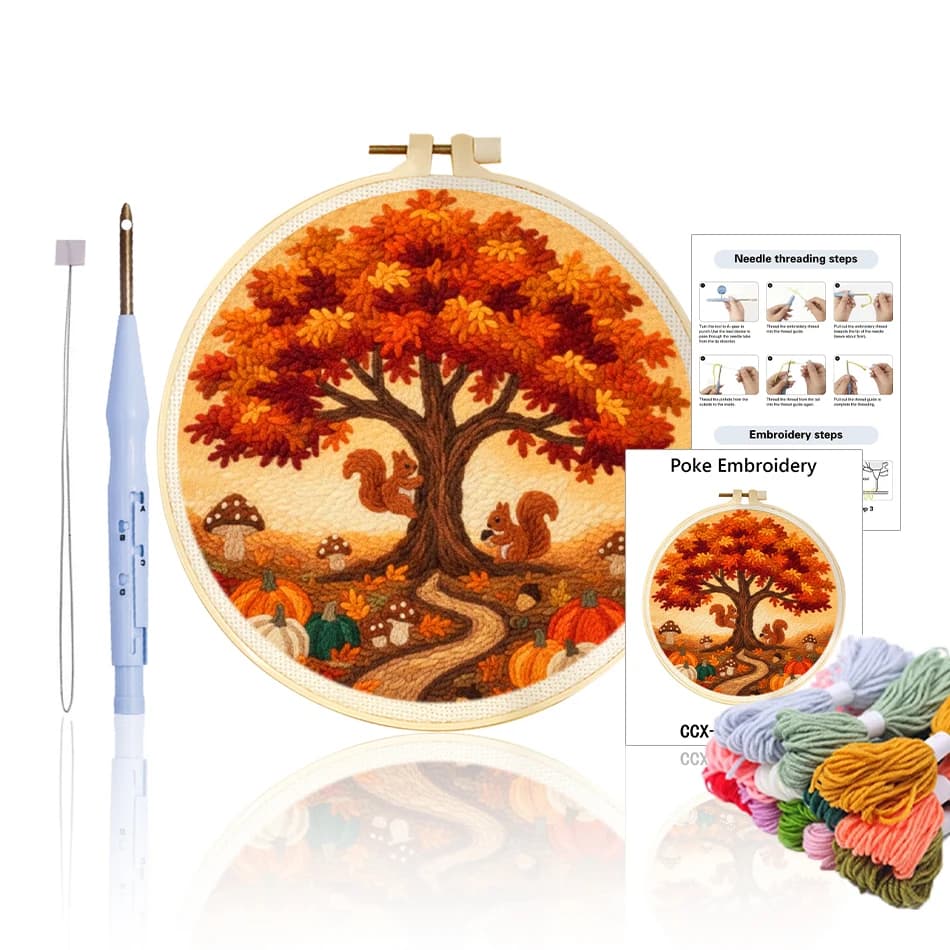 GATYZTORY Autumn Landscape Tree punch needle embroidery kits Cross stitch set Sewing embroidery kit for beginners 20x20cm framed