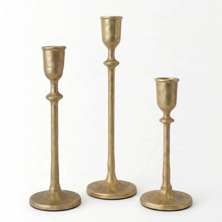 Set di 3 Candelabri in Ottone Anticato, Portacandele in Ghisa per Centrotavola, Matrimoni, Caminetto