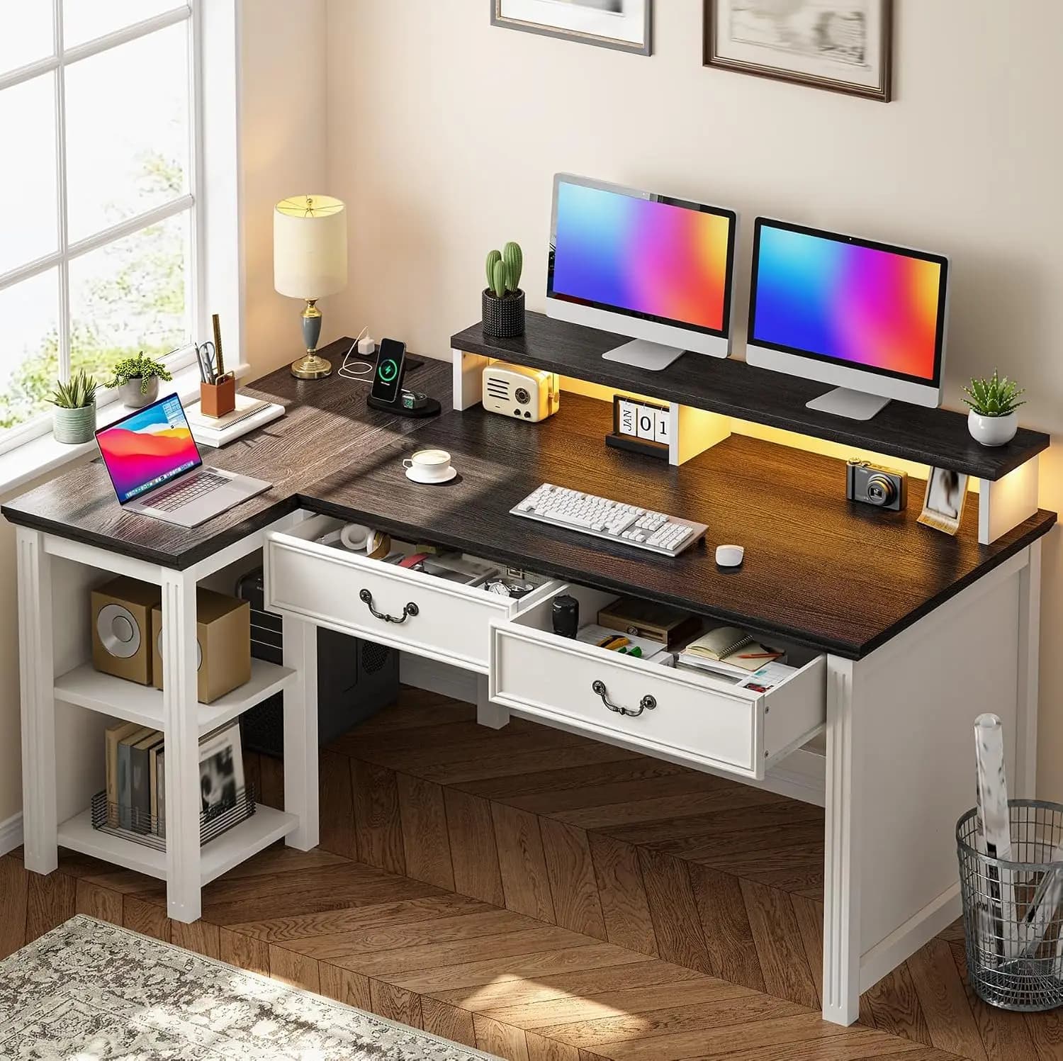 L Shaped Computer Desk with Drawers & Monitor Stand, Home Office Corner Workstation, Customized