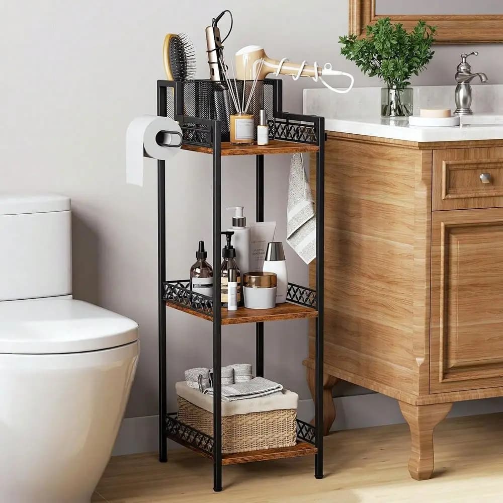 Scaffale organizer sottile per bagno, supporto in metallo con porta carta igienica, resistente alla ruggine, per asciugamani, articoli da toeletta e prodotti per la pulizia