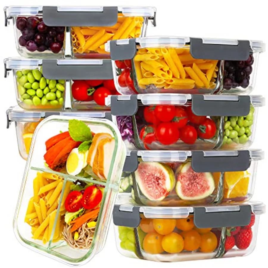 Set di 8 Contenitori in Vetro per Preparazione Pasti, Contenitori per Alimenti in Vetro a 3 Scomparti con Coperchi Ermetici, Scatole Bento per Pranzo a Prova di Perdite