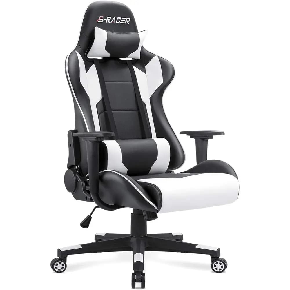 Sedia Girevole Ergonomica in Pelle con Schienale Alto, Supporto Lombare e Poggiapiedi per Gaming e Ufficio (Bianca)