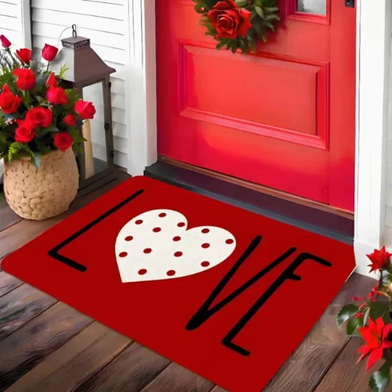 VIKAMA Tappetino di benvenuto a forma di cuore per San Valentino, tappeto con motivo a cuore rosso e bianco, lavabile in lavatrice, tappetino per porta d'ingresso, decorazione per la casa