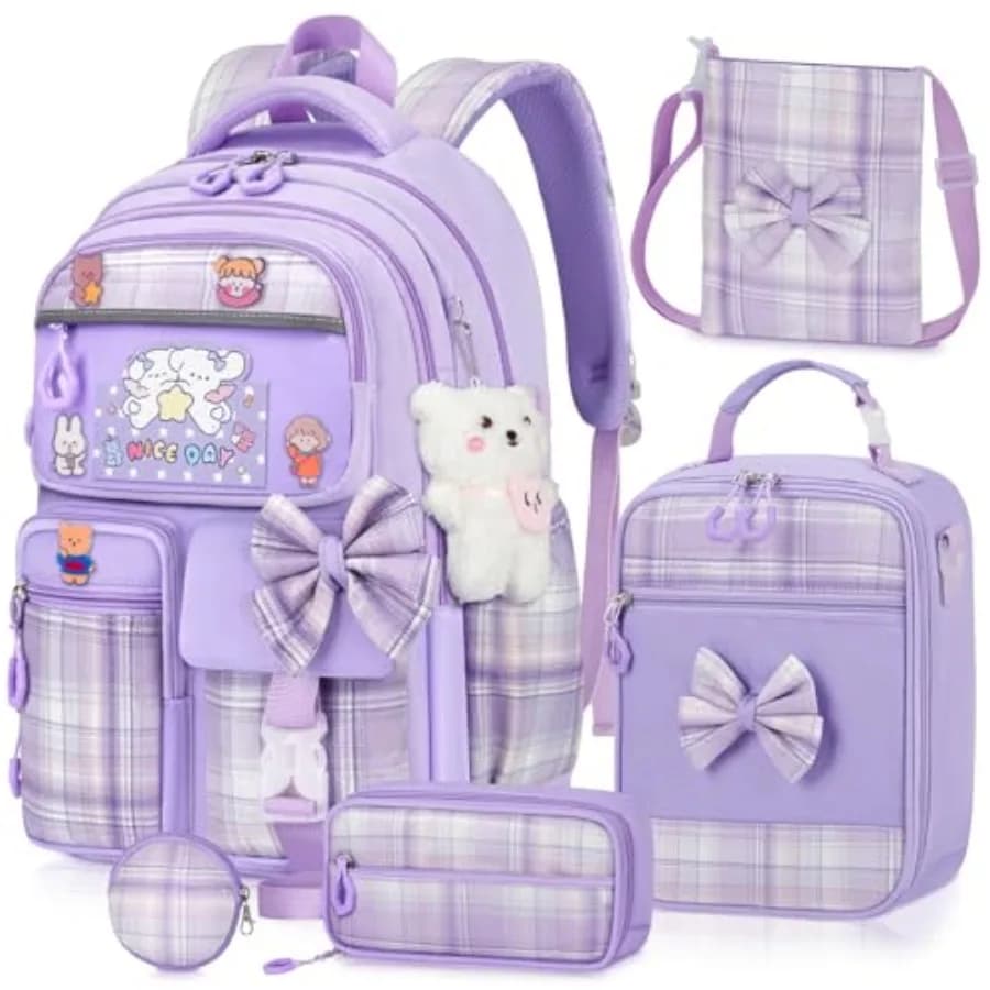 Zaino per ragazze con set porta pranzo 5 pezzi, carino zaino Kawaii per adolescenti, zaino scolastico estetico per la scuola elementare