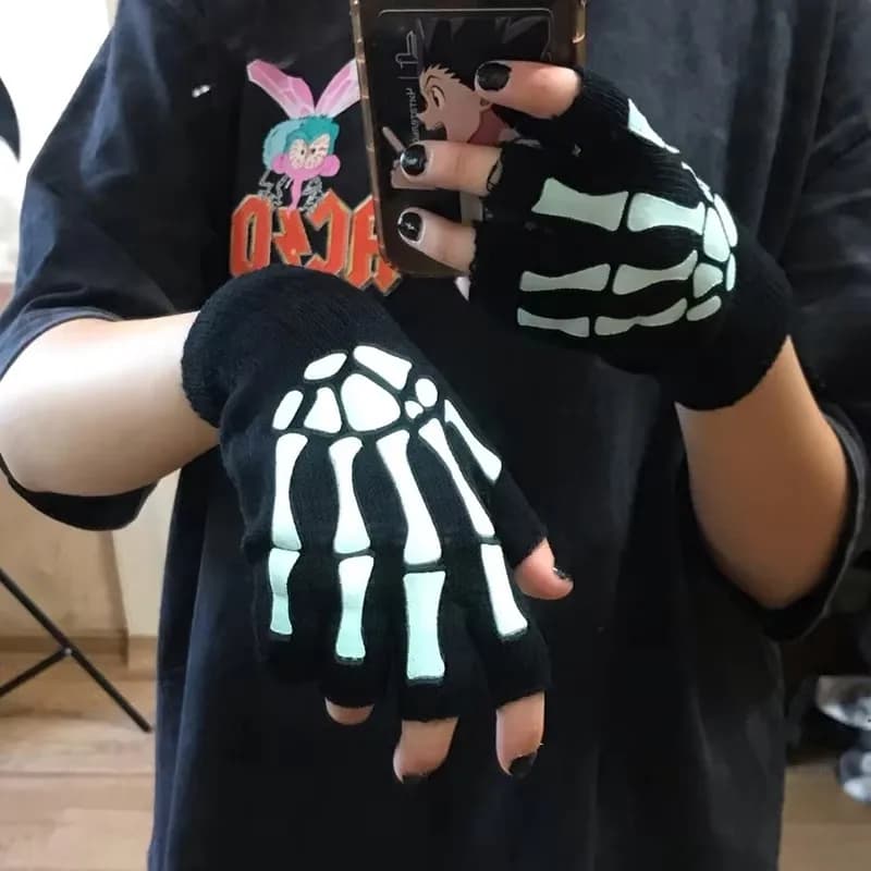 1/2/3 paia di guanti punk unisex Halloween scheletro teschio guanti mezze dita bagliore nel buio senza dita stretch lavorato a maglia invernale