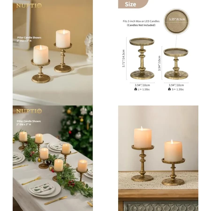 Candle Holders for Pillar: Antique Brass Cast Iron Candleholder for 3 Inch Pillars -Heavy Metal Candle Stand for Christmas Part