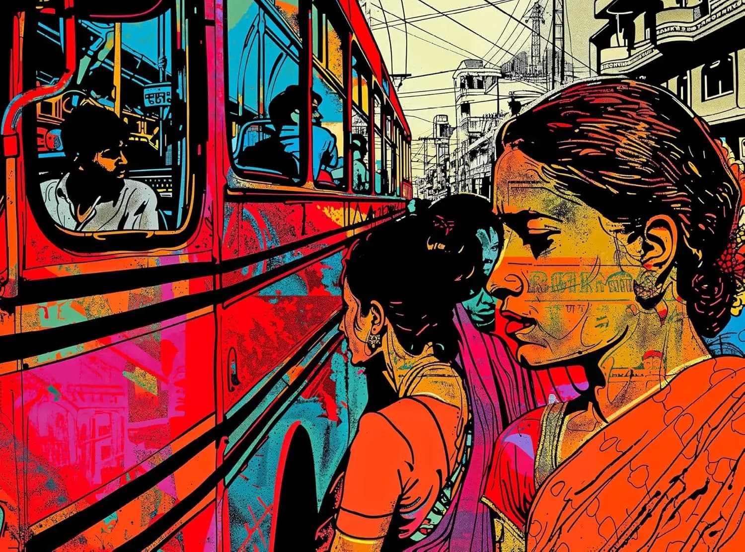 Cinematic Retro Pop Art Indian Culture Tapestry Large Size Women Street Scene Bus Wall Hanging Decor Canvas Print
