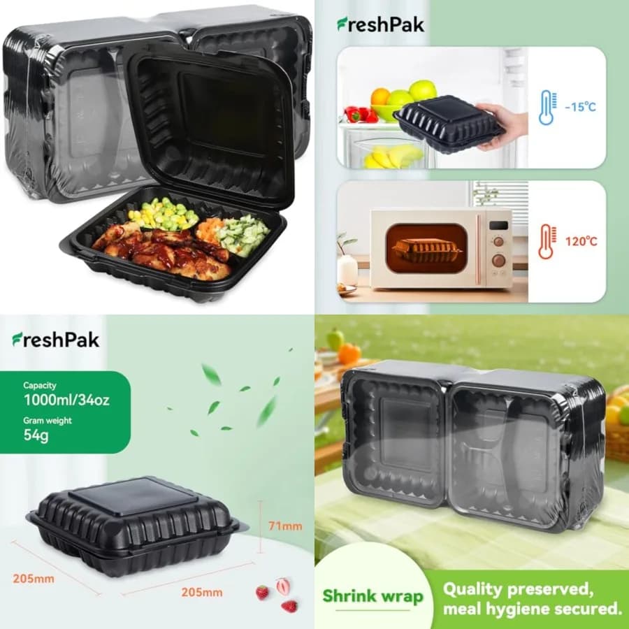 Contenitori per Alimenti in PP Minerale, Confezione da 55 - 8x8 34 oz, Confezionati Sottovuoto, Senza BPA, Impilabili, Contenitori a Conchiglia per Asporto