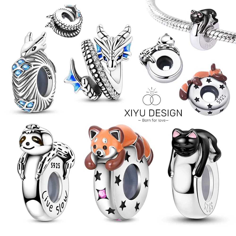 925 argento carino procione bradipo gatto nero clip charms zircone silicone distanziatore adatto perline originali per braccialetto donne regalo fai da te festa