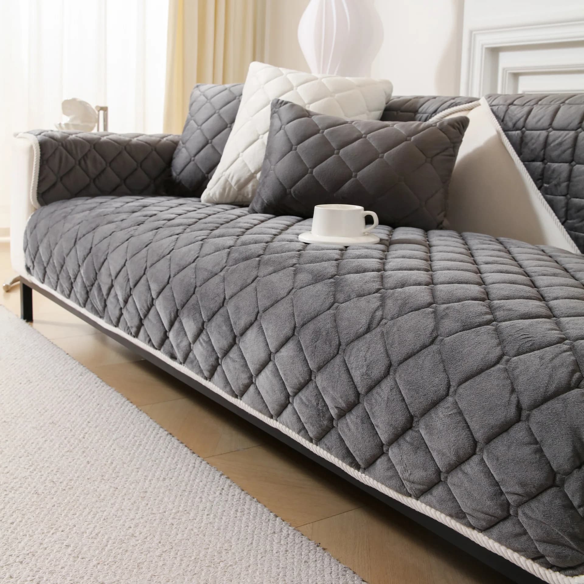 Minimalist Plaid Plush Winter Thickened Sofa Cushion Living Room Warmth Protection Sofa Backrest Cover