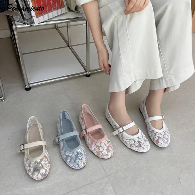 2026 Moda Estate Maglia Mary Janes Ballerine da donna Comode suole morbide Fiori ricamati Mocassini per ragazze Scarpe basse accoglienti
