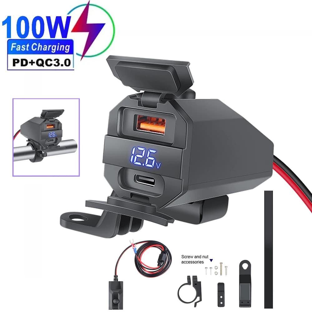 Caricabatterie da Moto 100W Impermeabile con Adattatore 12V, Porte USB PD per Ricarica Rapida 3.0 e Voltmetro, Accessorio Moto