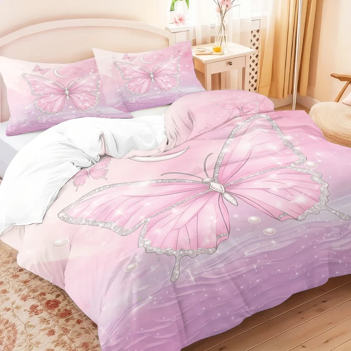 Set copripiumino con motivo floreale rosa a farfalla da 3 pezzi, 1 copripiumino + 2 federe, senza anima. Set biancheria da letto morbida e confortevole