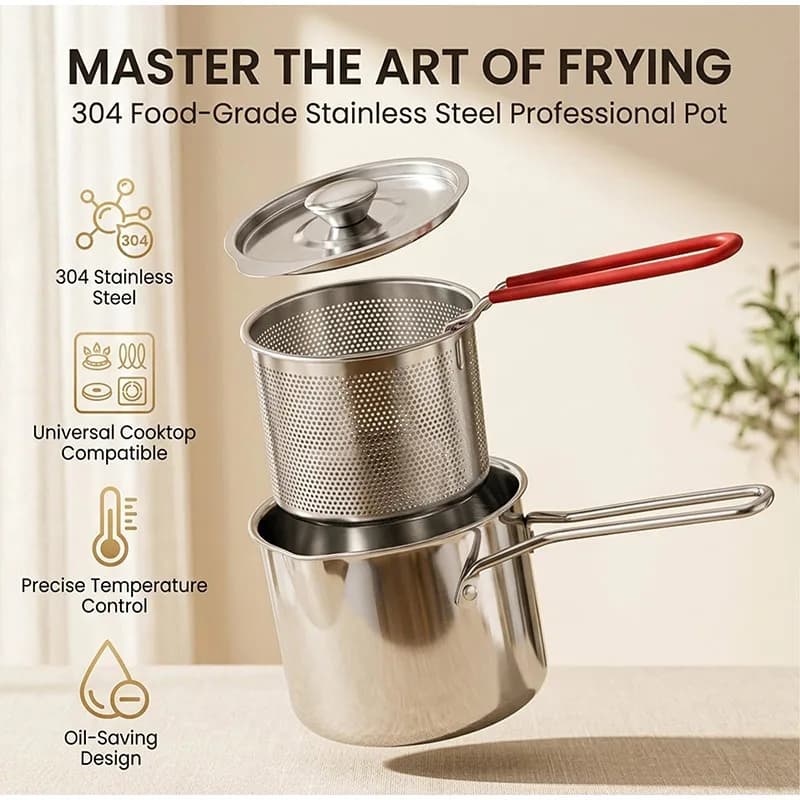 Multifunctional 304 Stainless Steel Frying Pan Basket Thickened For Frying French Fries, Shrimp, And Other Daily Stove Cooking