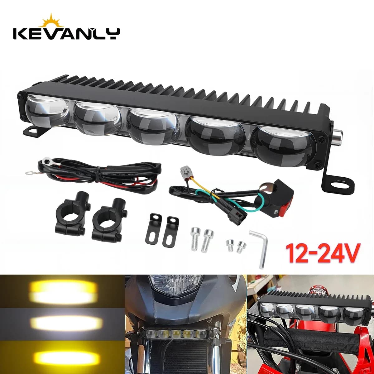 Faro del motociclo Manubrio LED 5 lenti Barra luminosa Set 12-24V Faretto LED con kit interruttore Adatto alla maggior parte dei manubri Bianco Giallo