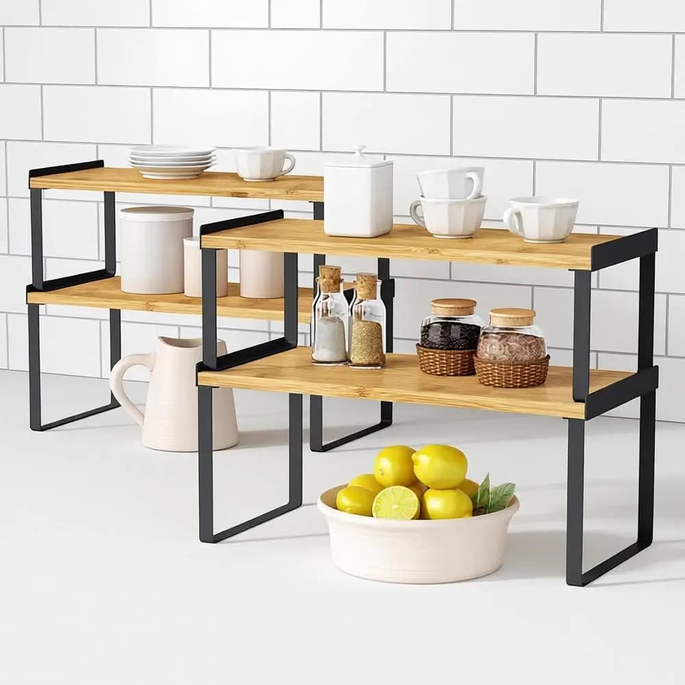 Set di 4 Organizzatori per Armadi da Cucina, Ripiani Impilabili per Dispensa e Piano di Lavoro, Supporto per Scrivania, Portaspezie