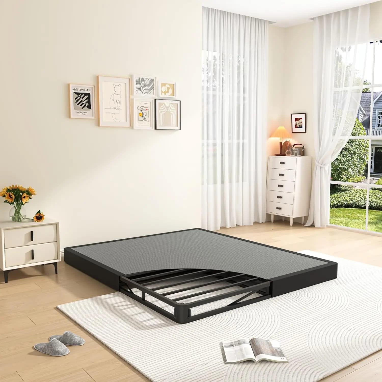Base letto matrimoniale a profilo basso, altezza 5 pollici, struttura in metallo resistente con rivestimento, supporta 3500 libbre, facile da montare