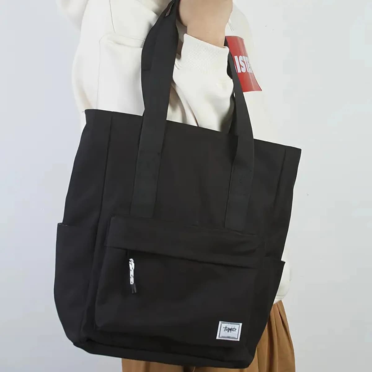 Large Capacity Canvas Tote Bag, Casual Shoulder Handbag, Multi-Pocket School Book Bag, Waterproof Commuter Bag for Men Women