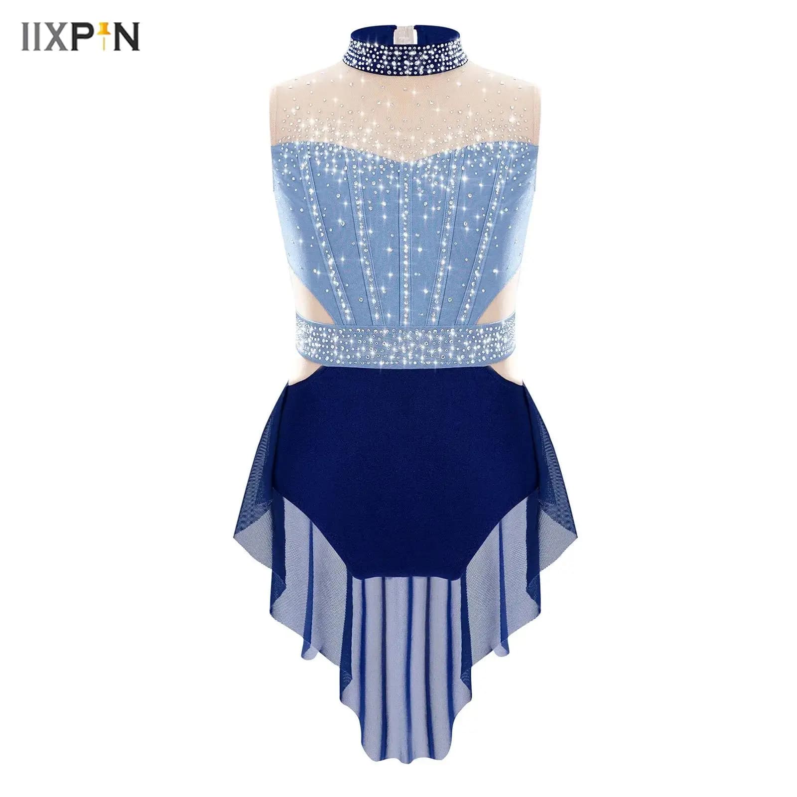 Body per bambina, ginnastica, pattinaggio di figura, senza maniche, con strass lucidi, sovrapposizione di rete, body con gonna, costume da ballo lirico