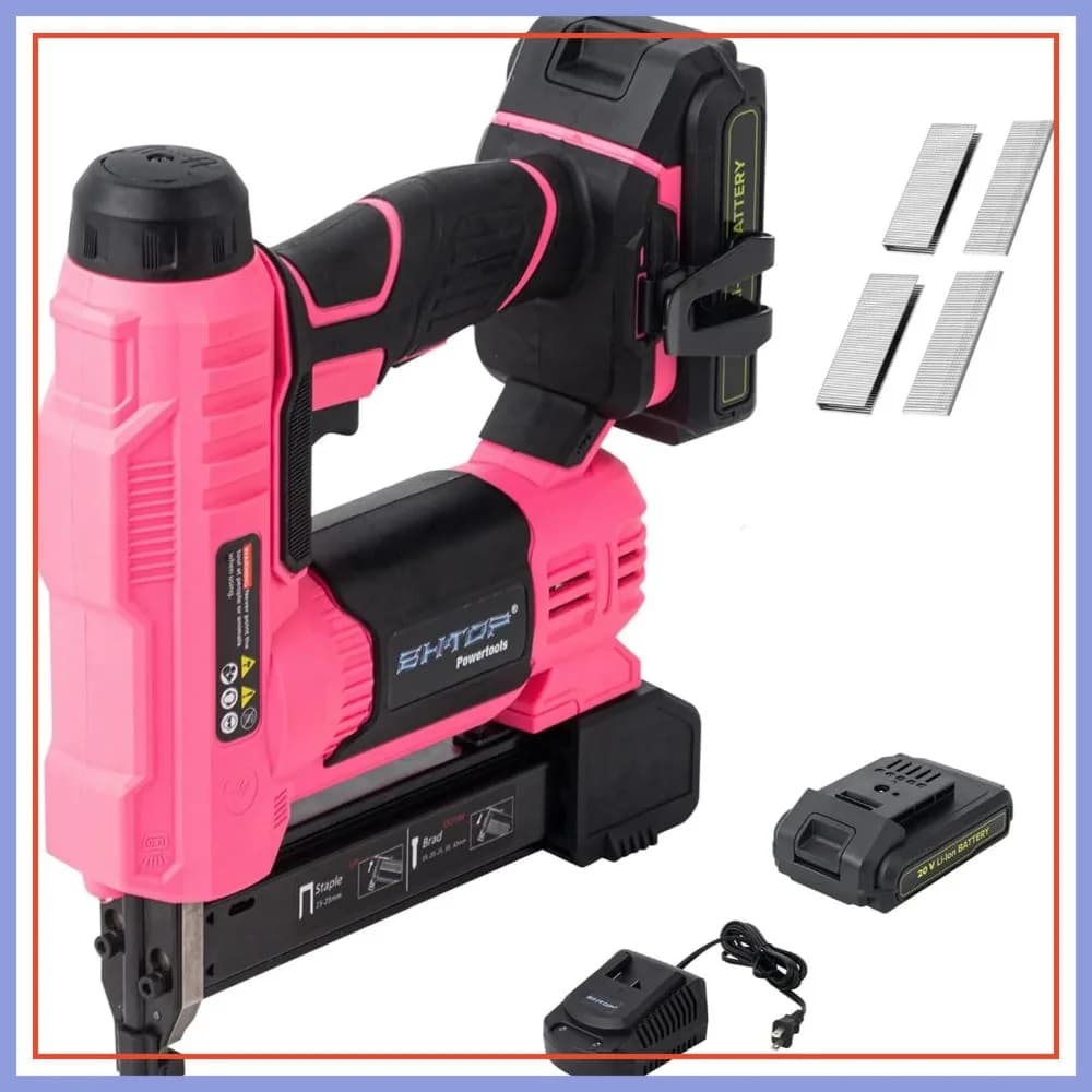 Chiodatrice e Graffatrice a Batteria 20V, 2-in-1 per Finitura, Calibro 18, con Batteria 2.0Ah, Caricabatterie, 2500 Chiodi e 500 Graffette, Rosa