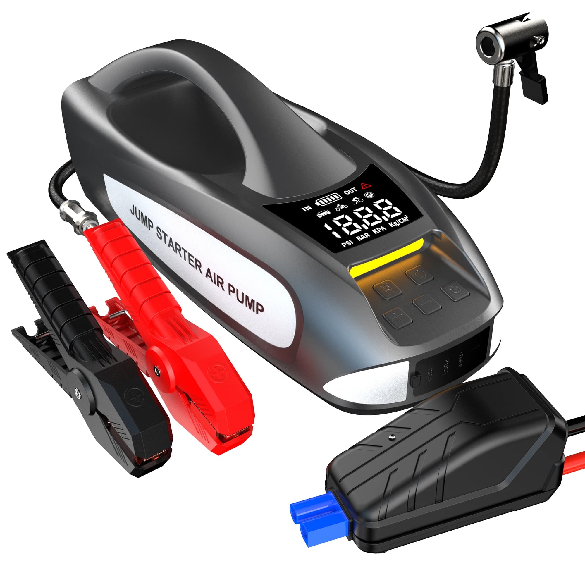 Avviatore di Emergenza Portatile 12V 150psi con Super Condensatore, Power Bank Multifunzione, Compressore d'Aria e Luce LED per Moto
