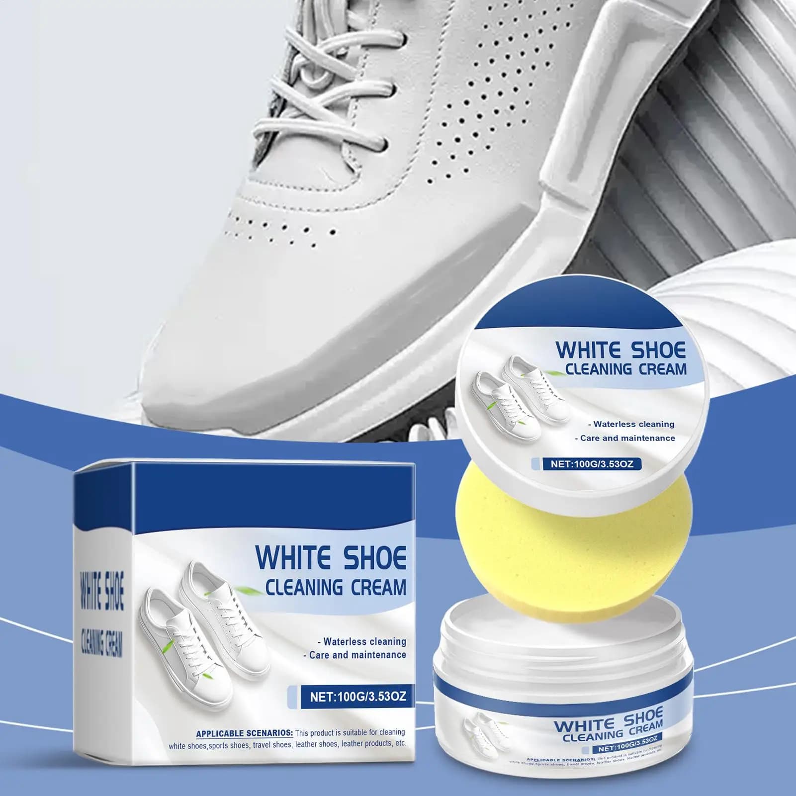 White Shoes Clean Cream Solid 100g No-Wash with Sponge White Shoe Solid Clean Cream for Home Apartment Travel Laundry Room Boots