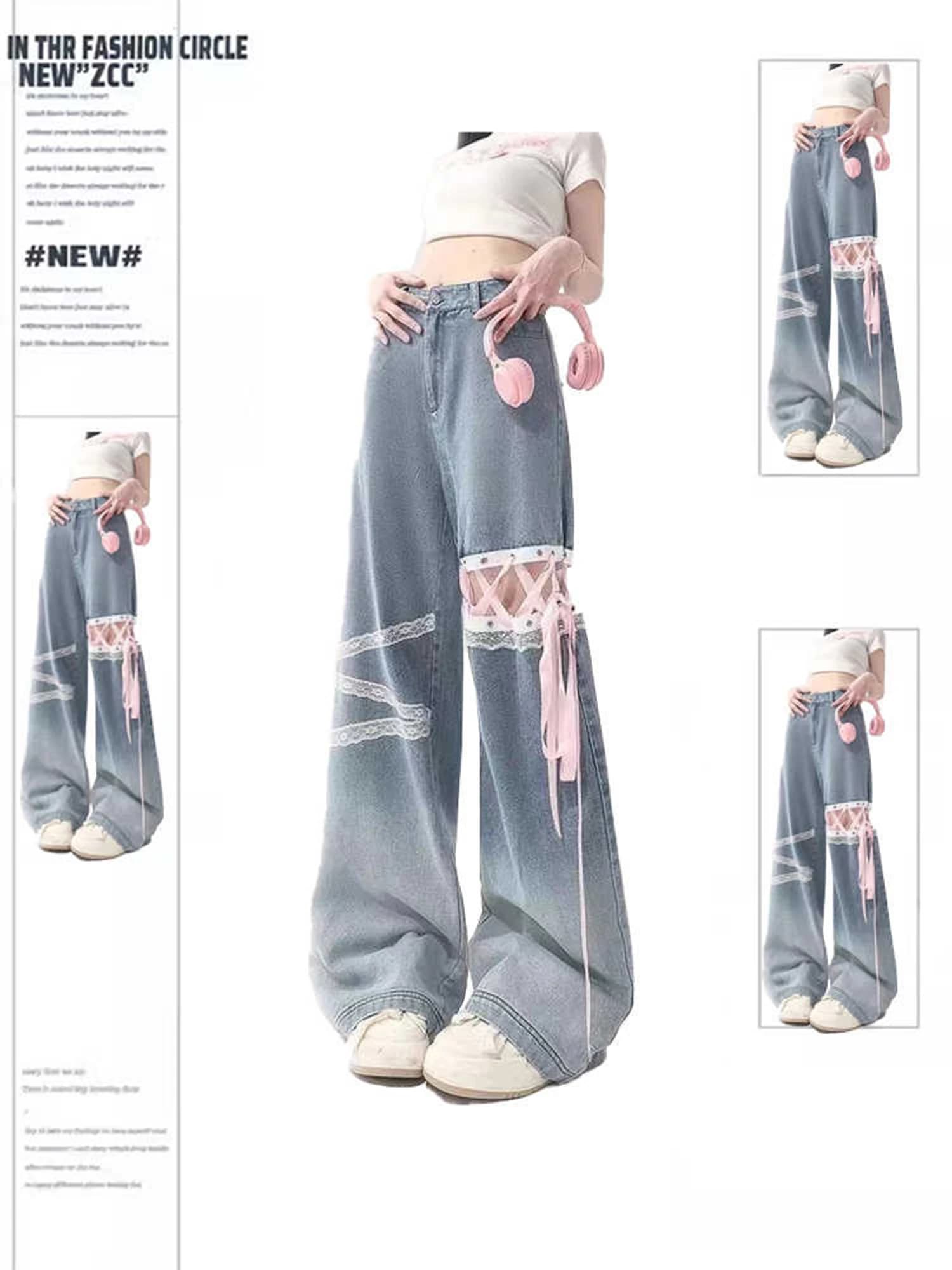 Jeans da donna blu larghi scavati con fasciatura Harajuku Jeans larghi vintage Y2k Pantaloni in denim Pantaloni lunghi stile giapponese anni 2000