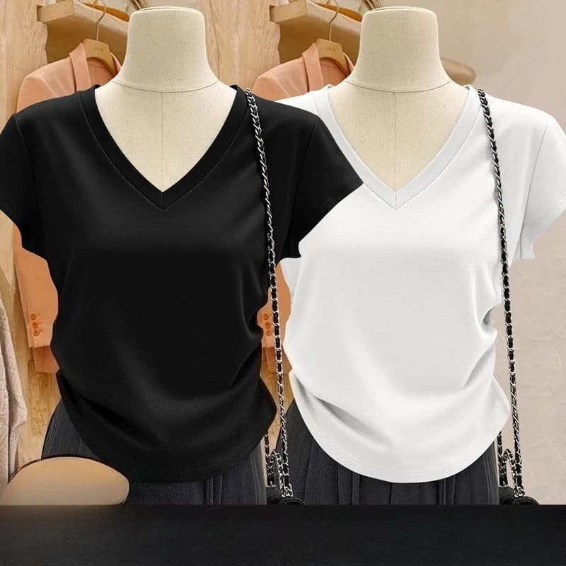 T-shirt estiva da donna con scollo a V, orlo curvo, casual, traspirante, semplice, di tendenza, slim fit, sexy, a maniche corte.