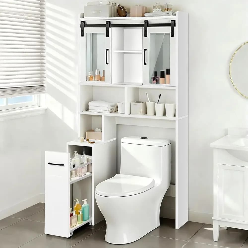 Mobiletto portaoggetti in acrilico da posizionare sopra il WC con ripiani regolabili e porta carta igienica per spazi compatti