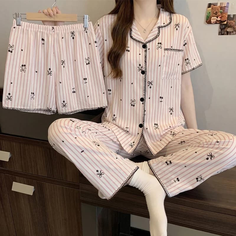 Korean Sweet Cute 3 Piece Women Sleepwear Pink Striped Bow Cherry Pattern Women's Pajamas Soft Casual Summer 3PCS Loungewear