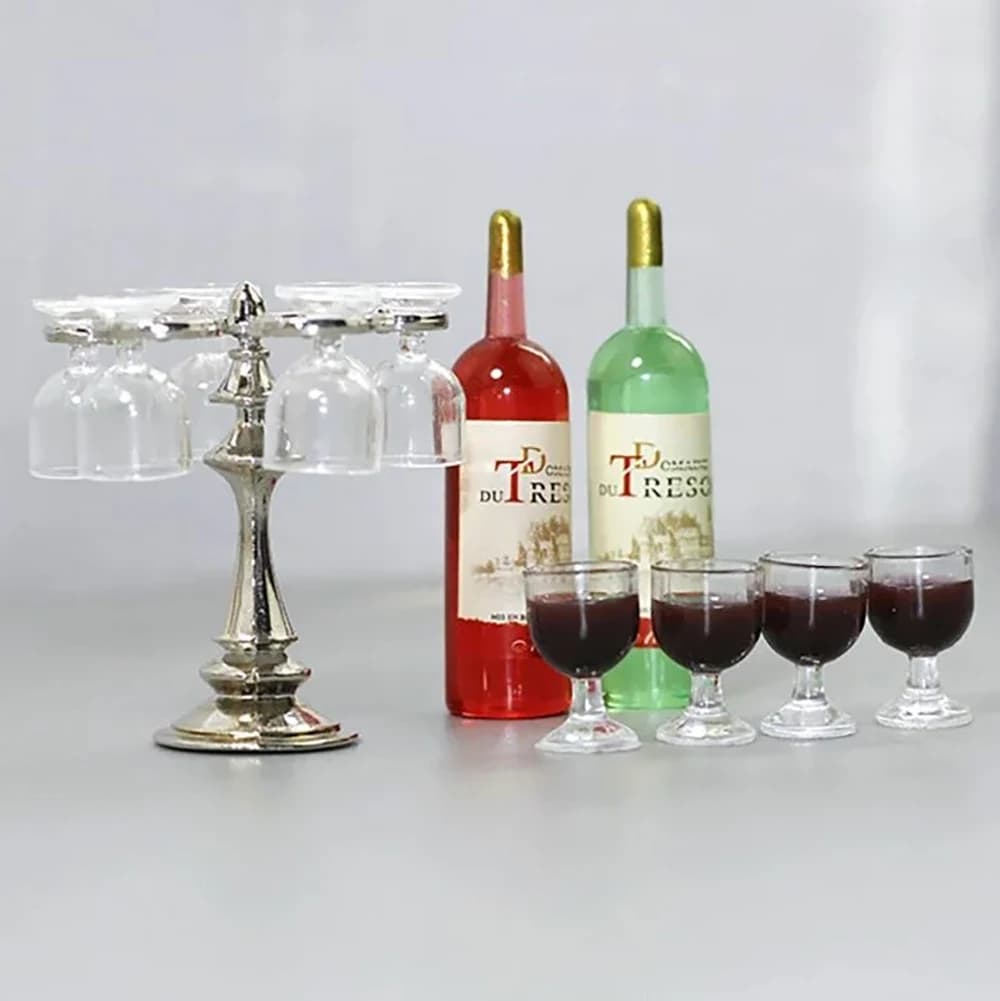 1/12 Casa delle bambole in miniatura Bicchiere di vino Calice Bottiglia di vino Rack set Modello giocattolo per la casa delle bambole Accessori Decorazione ob11 bjd