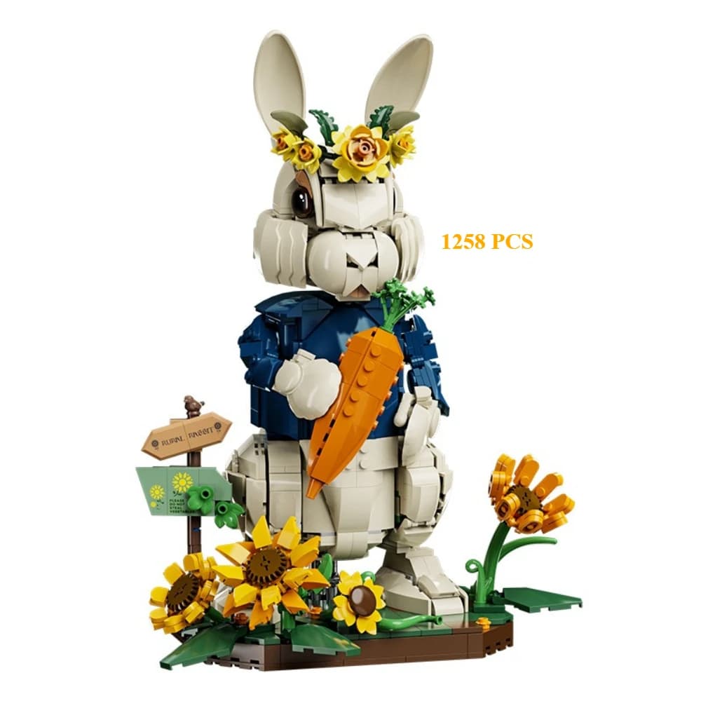 MOC Sunflower Animal Rural Bucktooth Rabbit Building Blocks Set Cute Easter Bunny Idea Toys For Children Birthday Holiday Gifts