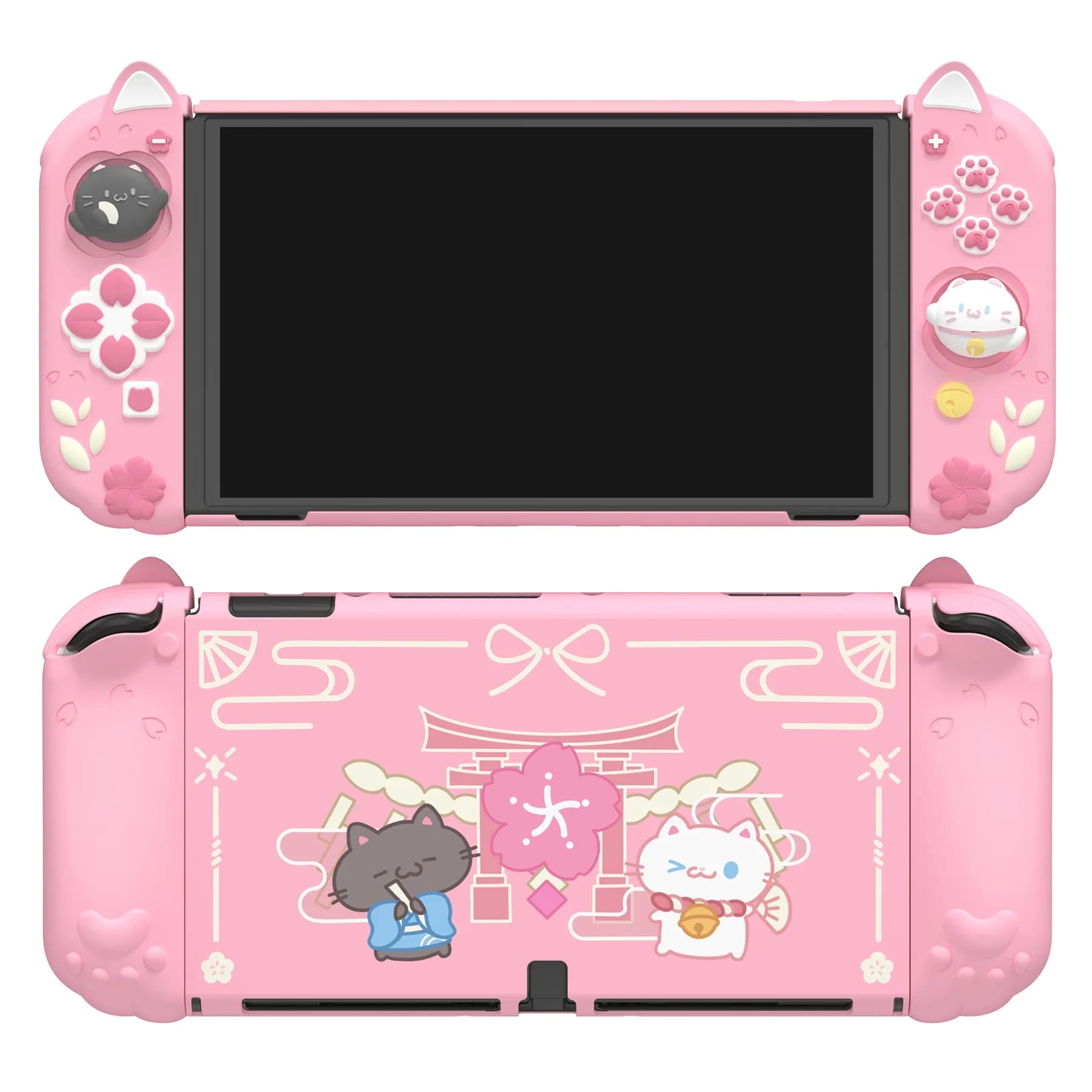 Custodia Protettiva Antiurto PlayVital per Nintendo Switch OLED con Supporto Extra, Cover Rigida Dockabile a Tema Gattino e Fiori di Ciliegio