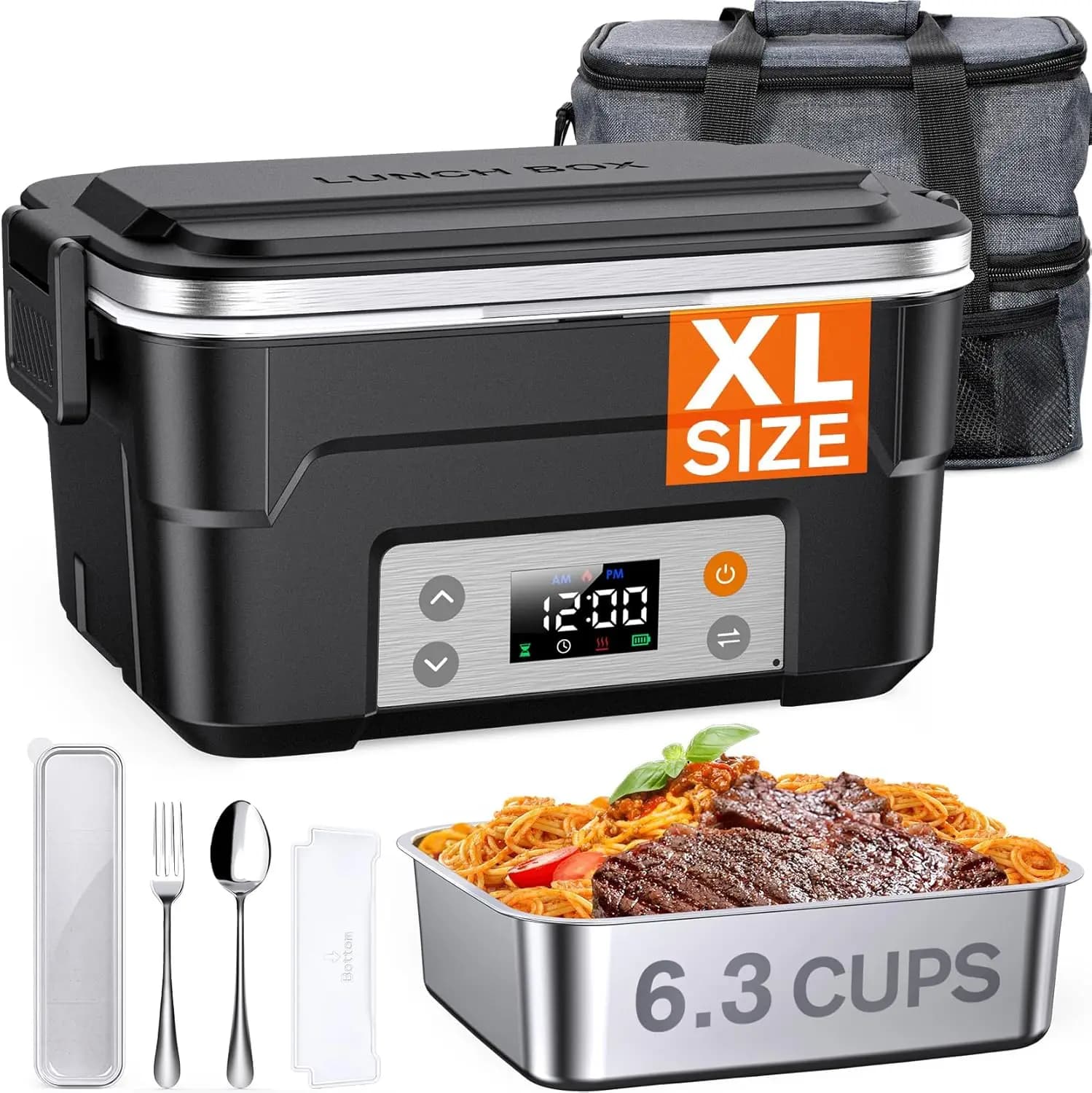 Portapranzo elettrico senza fili XL da 6,3 tazze con riscaldamento programmato, scaldavivande portatile per auto, utensili e borsa a due livelli
