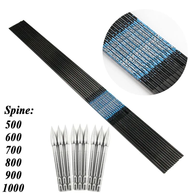 Aste per Frecce in Carbonio Puro, Spine 500-1000, per Arco Ricurvo e Longbow, Diametro Interno 4,2mm, Punte da 100gr, 12 Pezzi