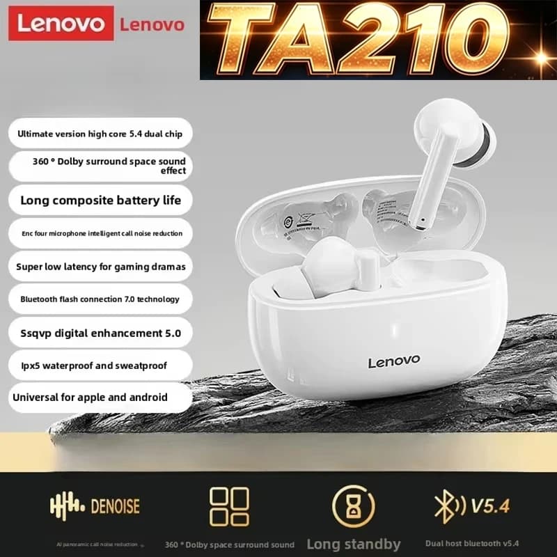 Auricolari wireless Lenovo TA210 TWS Bluetooth 5.4, con funzione touch, microfono integrato, batteria a lunga durata e design alla moda.