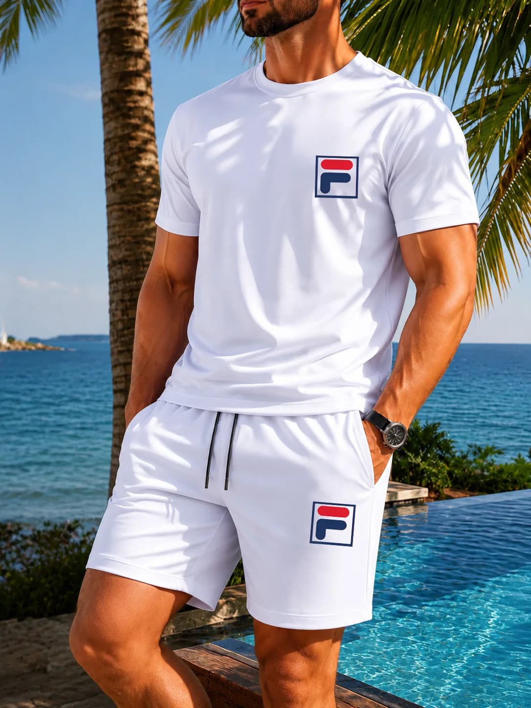 Completo da uomo stampato a due pezzi, t-shirt casual a maniche corte e pantaloncini con coulisse, abbigliamento sportivo estivo traspirante da uomo