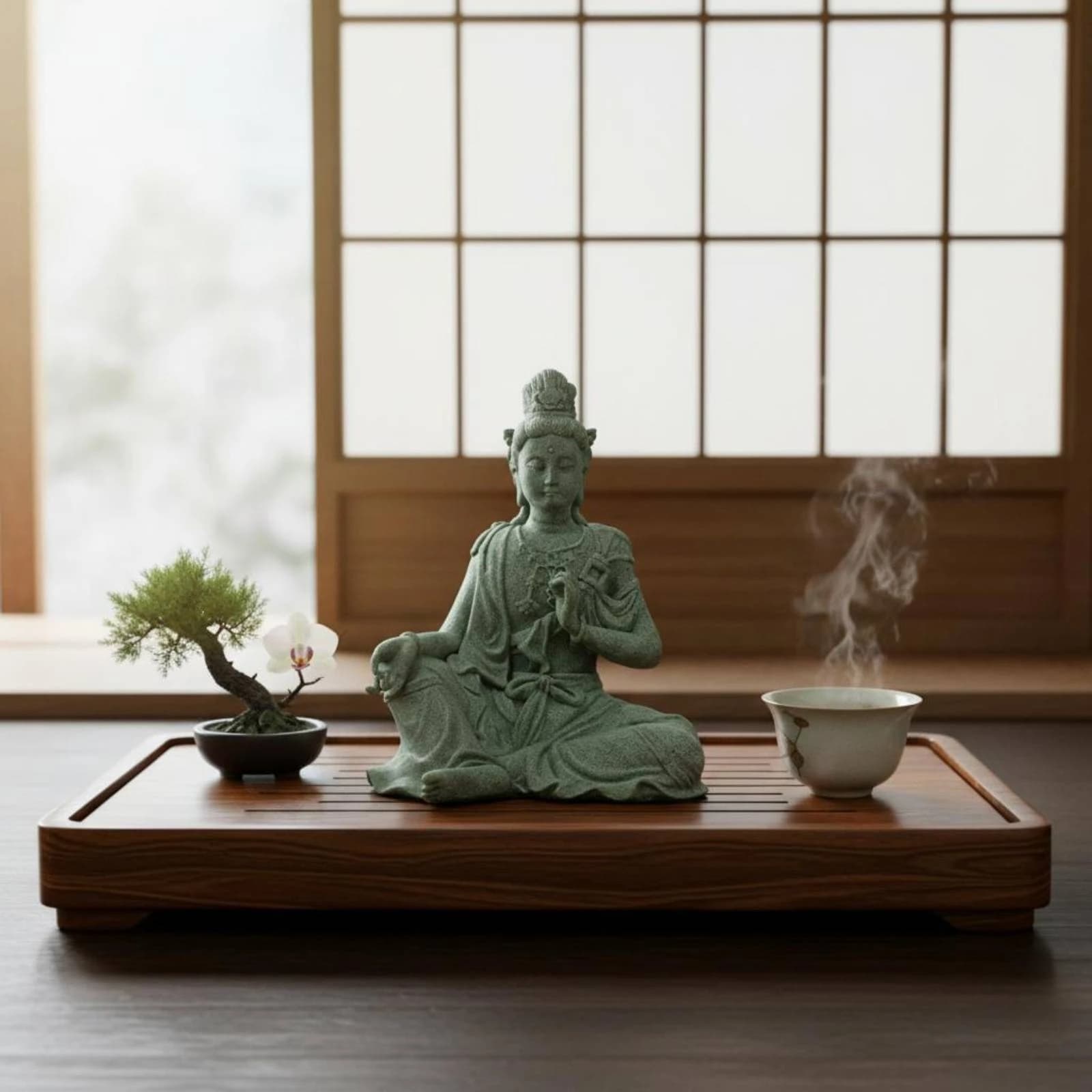 Lunar Reflection Guanyin Figurine Desk Display Seated Guanyin Statue Stone Tea Pet