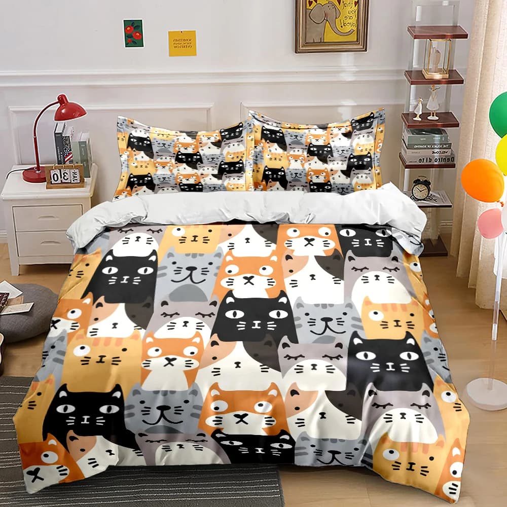Set di biancheria da letto con divertente motivo a gatti dei cartoni animati, 1 copripiumino e 2 federe per adulti e bambini, regalo di lusso, misura completa