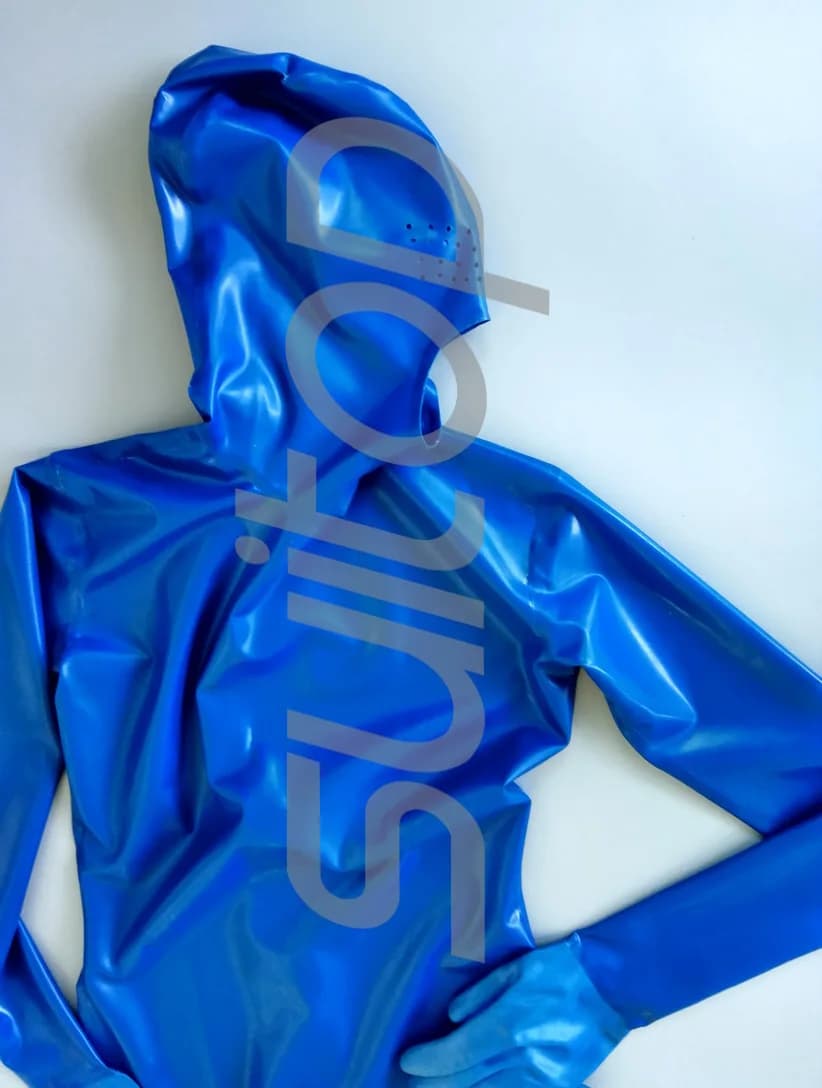 Catsuit da uomo in lattice con cappuccio, guanti e piedi (zip posteriore) Bocca aperta, naso con fori per il collo, occhi in blu