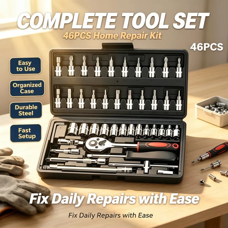 2026New Car Repair Tool Kit 46Piece/Set Socket Set Car Repair Tool Ratchet Torque Wrench Combo Auto Repairing Tool Set