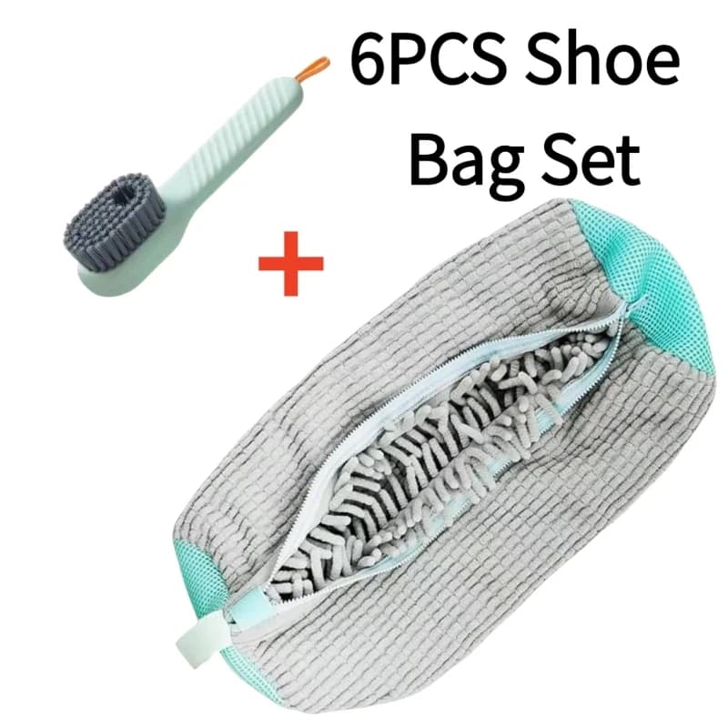 Set di 6 Sacchetti Grigi per Lavaggio Scarpe con Spazzola Liquida, Sacchetto Resistente per Lavaggio Scarpe e Spazzola con Setole Morbide per Tutte le Calzature