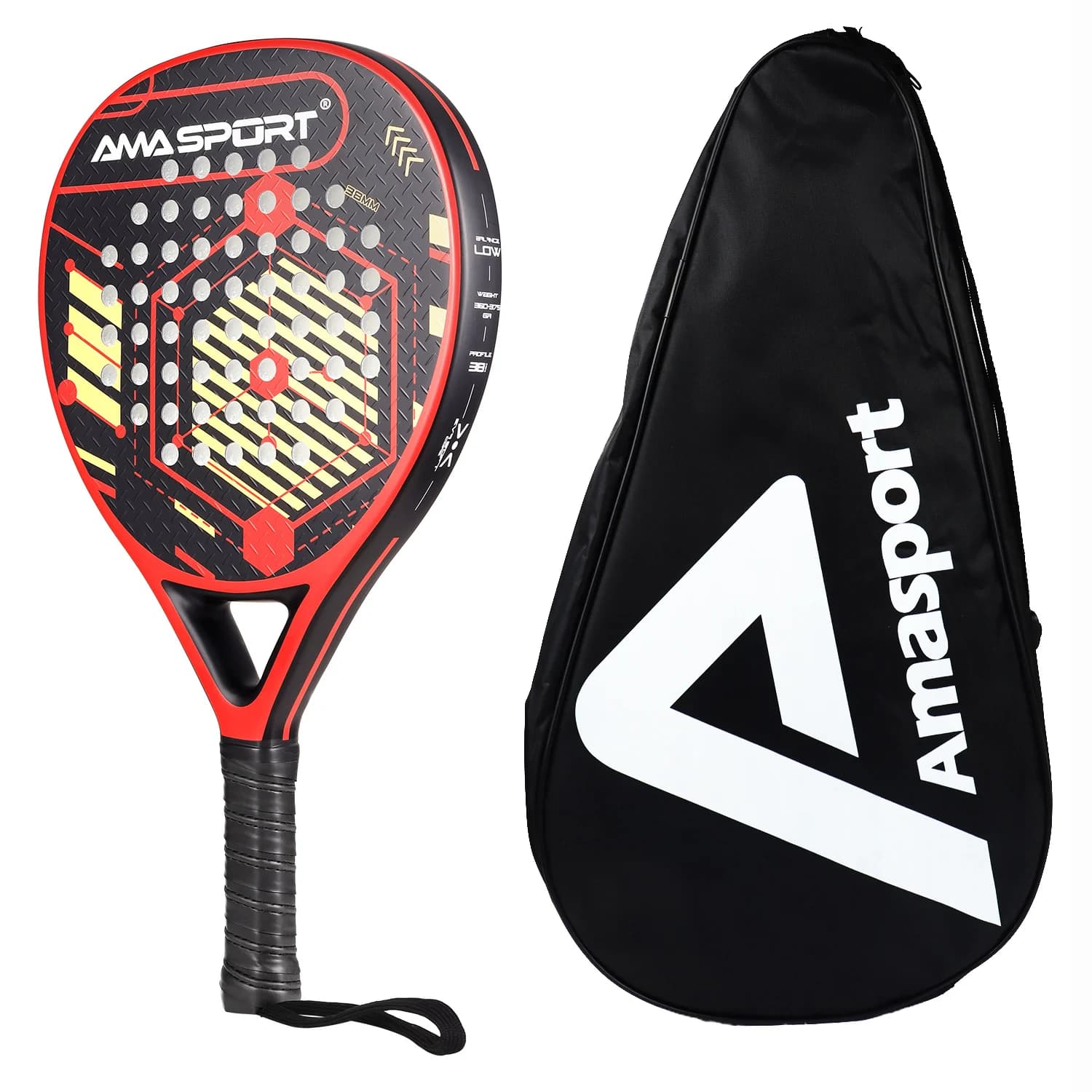 AMASPORT Racchetta da padel in carbonio EVA morbida Midium Balance Padel a forma di strappo per giocatori avanzati Racchetta da tennis con borsa